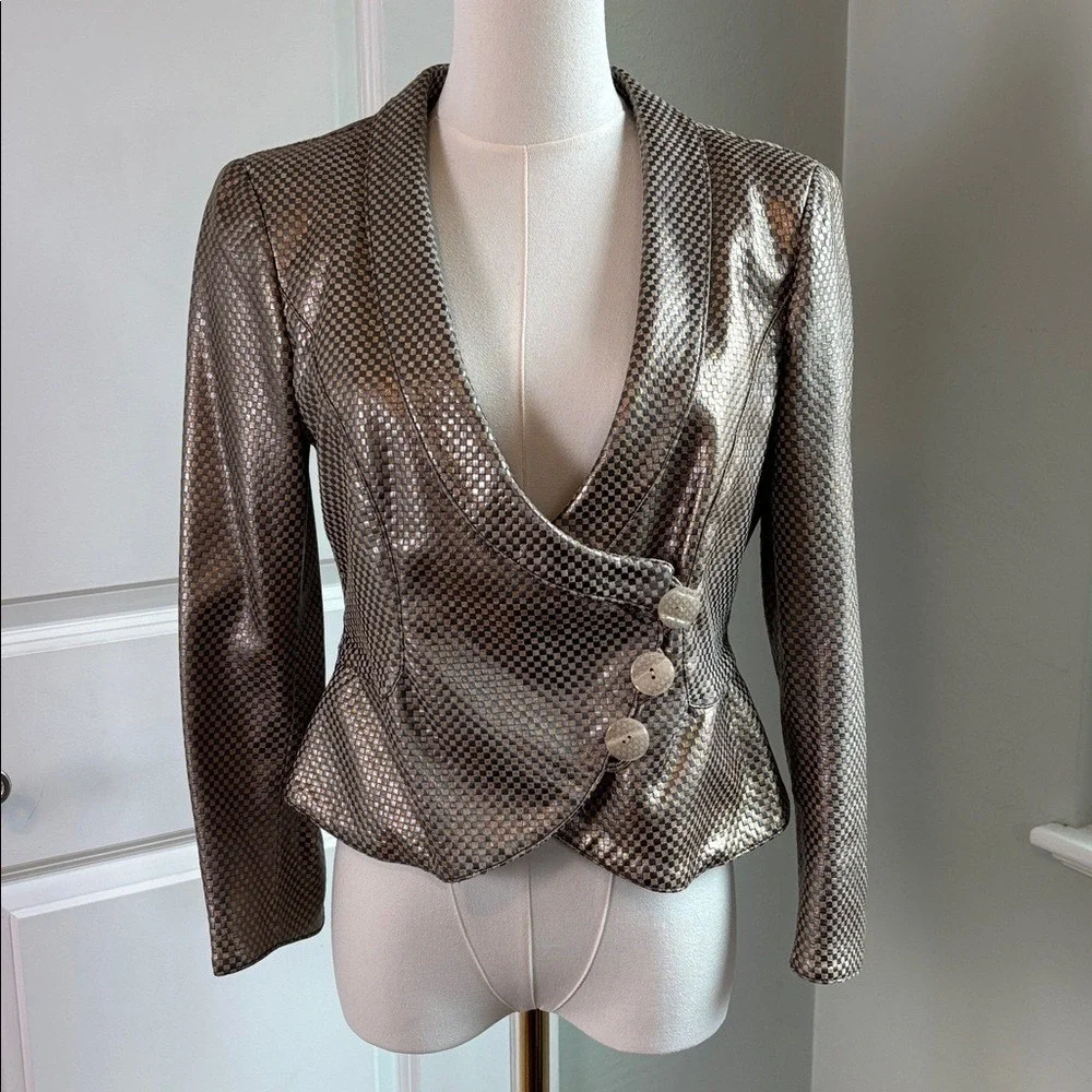 Armani Collezioni Metallic Leather Blazer Jacket Women's 6 Italian 42 Made Italy